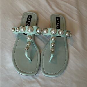 Karl Lagerfeld Light Green Sandals with Pearl Accents